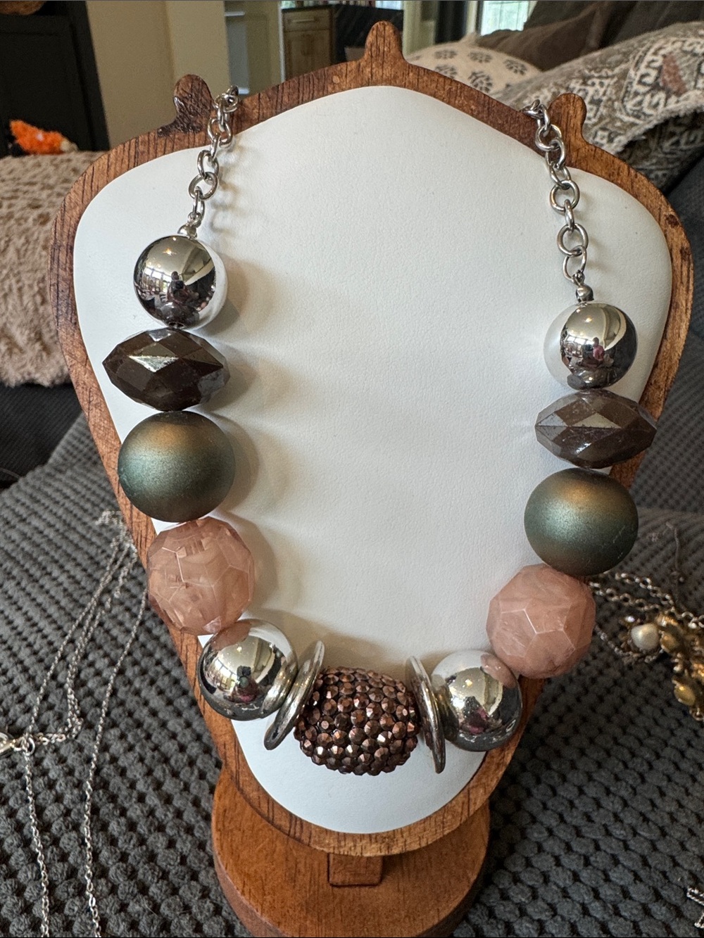 Chunky Bead Statement Necklace - Pink, Bronze & Silver